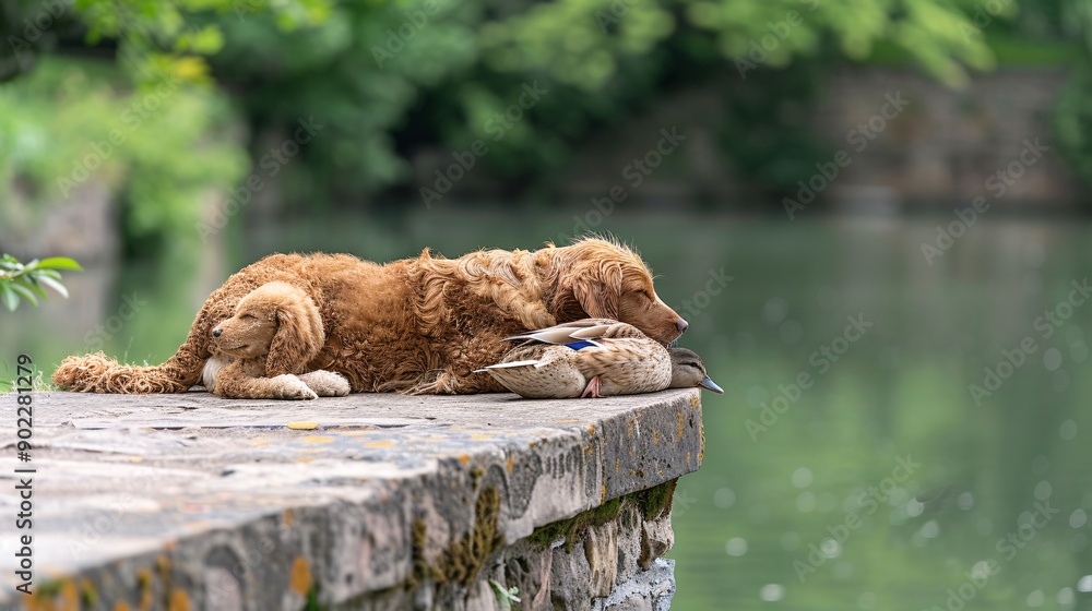 Poster Detailed image of a dog and a duck napping together by a pond leaving ample empty space on the left side of the image Stock Photo with copy space