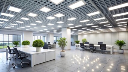 Modern office interior features a sleek ceiling design with white acoustic gypsum plasterboard, suspended fluorescent panel lights on a square grid structure in perspective.