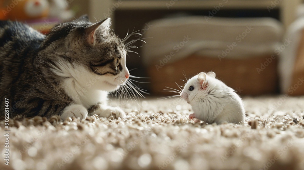 Aufkleber close-up of a cat and a hamster playing together on a carpet ensuring significant empty space around