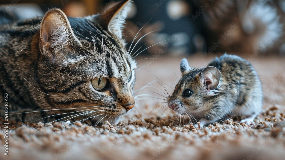 Poster Close-up of a cat and a hamster playing together on a carpet ensuring significant empty space around the edges Stock Photo with copy space