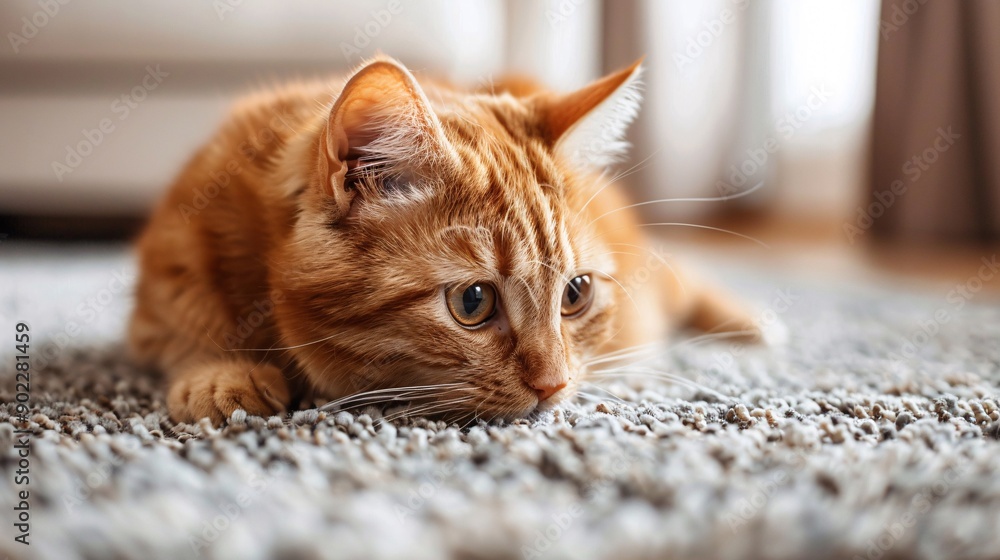 Aufkleber Close-up of a cat and a hamster playing together on a carpet ensuring significant empty space around the edges Stock Photo with copy space