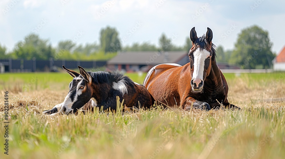 Poster High-detail capture of a horse and a goat resting together in a field with significant empty space on the right side of the image Stock Photo with copy space