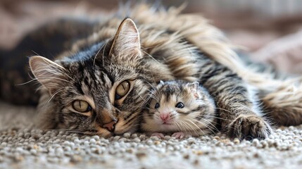Fototapeta premium Close-up of a cat and a hamster playing together on a carpet ensuring significant empty space around the edges Stock Photo with copy space