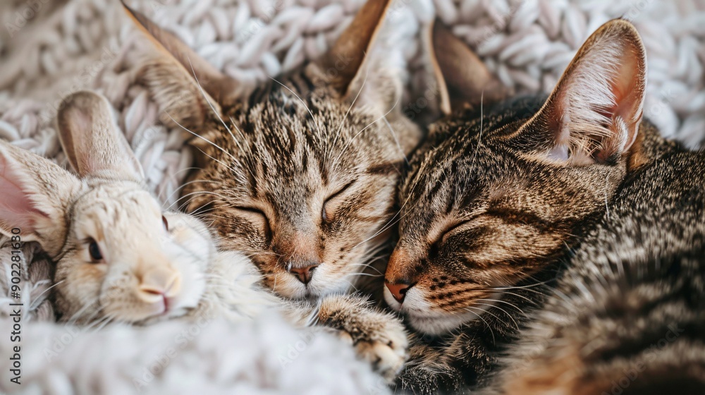 Poster Unlikely bond between a cat and a rabbit sharing a cozy corner of the room leaving ample empty space on the left side of the image Stock Photo with copy space