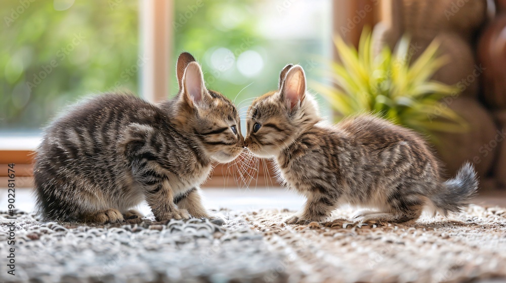 Poster Unlikely bond between a cat and a rabbit sharing a cozy corner of the room leaving ample empty space on the left side of the image Stock Photo with copy space