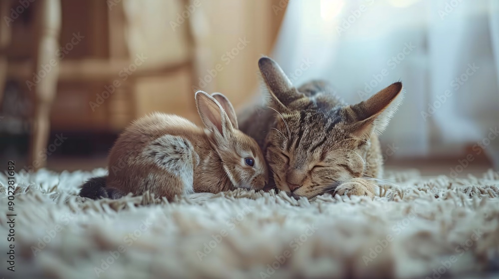 Poster Unlikely bond between a cat and a rabbit sharing a cozy corner of the room leaving ample empty space on the left side of the image Stock Photo with copy space