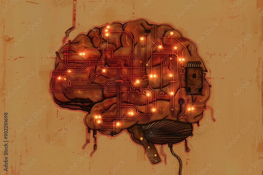 Poster vintage neural circuit brain with organic components and illuminated pathways