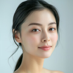 Close up of beautiful Asian woman 's face Smooth and healthy skin, black hair, natural tone makeup. Nude lips.