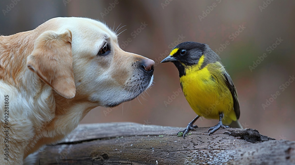Poster detailed shot of a dog and a bird playing together in the backyard ensuring the subjects are centere