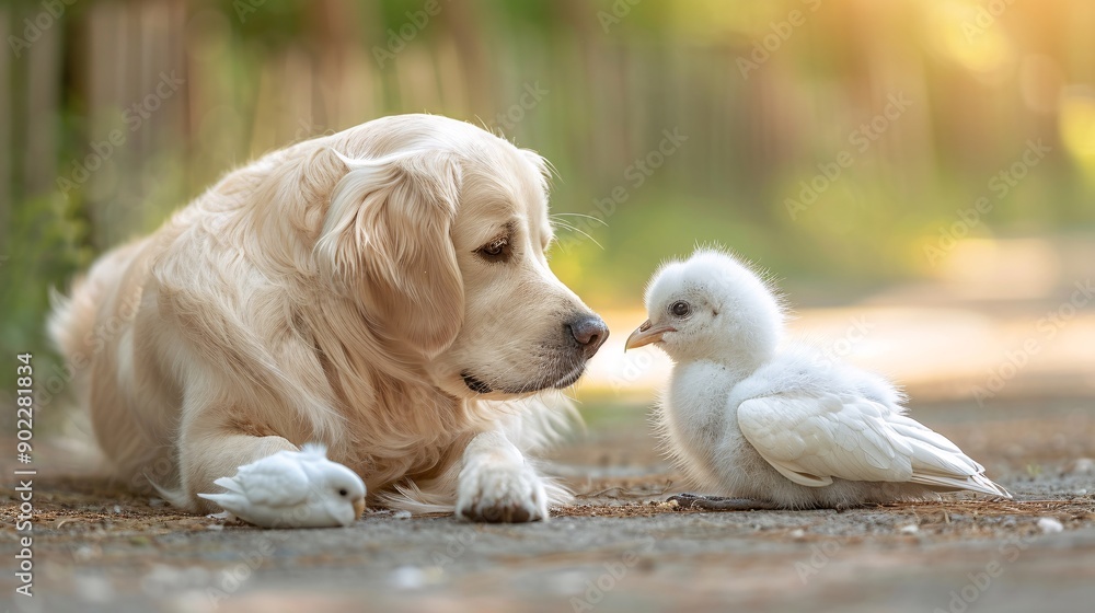 Aufkleber Detailed shot of a dog and a bird playing together in the backyard ensuring the subjects are centered with significant empty space around the edges Stock Photo with copy space