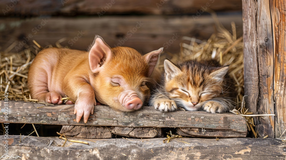 Poster Close-up of a piglet and a kitten nuzzling each other in a barn with significant empty space on the right side of the image Stock Photo with copy space