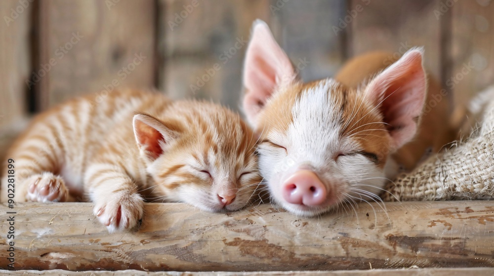 Aufkleber Close-up of a piglet and a kitten nuzzling each other in a barn with significant empty space on the right side of the image Stock Photo with copy space