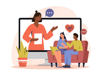 Family psychologist concept. Woman counseling young couple on Internet. Mental support and practice. Pair with online consultation. Flat vector illustration isolated on white background