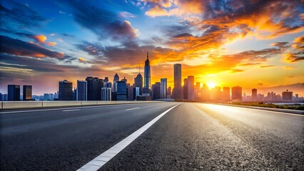 Fototapeta premium Empty Road Leading to Cityscape with Sunset Sky.