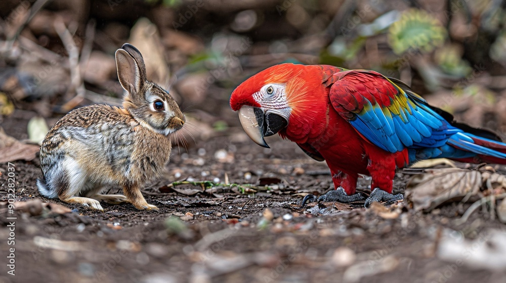 Poster High-resolution shot of a parrot and a rabbit sharing a perch in a garden leaving ample empty space on the left side of the image Stock Photo with copy space