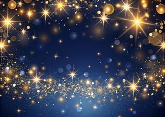 Obraz premium Luxurious dark blue background with gold bokeh lights, particles and shimmering stars, perfect for festive holiday celebrations, Christmas and New Year's Eve banner templates.
