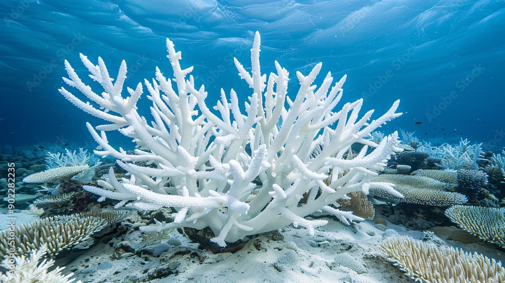 Poster Extensive view of a coral reef suffering from bleaching with the ocean floor visible and significant empty space on the left side of the image Stock Photo with copy space