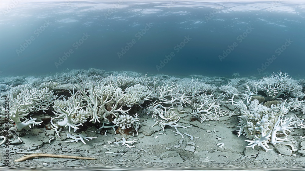 Poster Extensive view of a coral reef suffering from bleaching with the ocean floor visible and significant empty space on the left side of the image Stock Photo with copy space