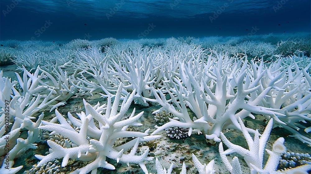 Fototapete Extensive view of a coral reef suffering from bleaching with the ocean floor visible and significant empty space on the left side of the image Stock Photo with copy space
