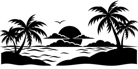 Enchanting Beach Sunset: Silhouettes, Palm Trees, and Sandy Shores