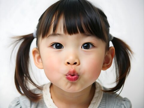 Cute Little Girl with Pigtails Making a Kissy Face.