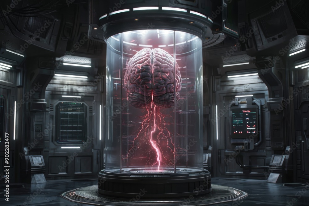 Poster illuminated brain model in high tech lab with advanced neural connections