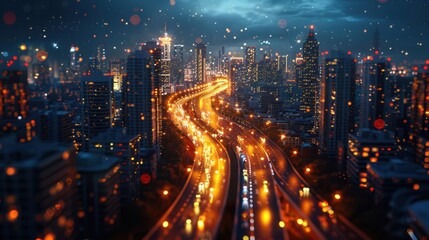 Aerial view of a bustling city at night, showcasing busy highways and surrounding urban buildings