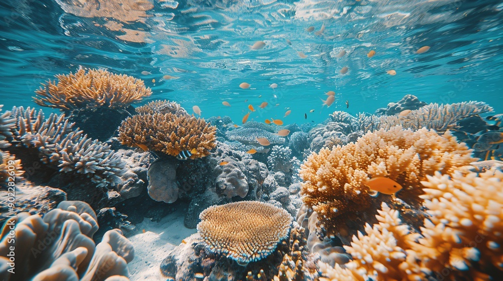 Poster Underwater image of a coral reef showing the stark difference between healthy and bleached corals with significant empty space on the right side of the image Stock Photo with copy space