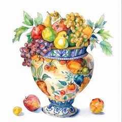 Watercolor painting of a Mediterranean vase filled with blooming flowers, on isolated white background, Generative AI
