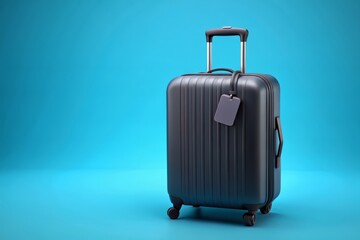 Isolated black suitcase with empty luggage tag on a bright blue background, 3d rendering, perfect for travel, vacation, and adventure concept illustrations.