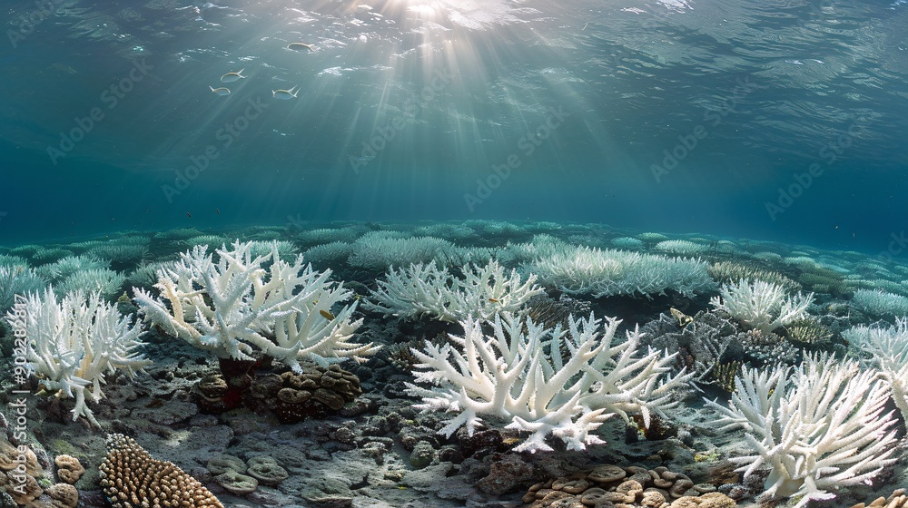 Poster High-detail capture of the effects of global boiling on coral reefs with a focused shot of bleached coral and ample empty space around the edges Stock Photo with copy space
