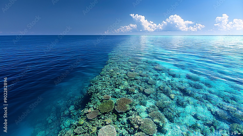 Poster wide-angle shot of a vast area of coral reef affected by bleaching with the stark white corals contr