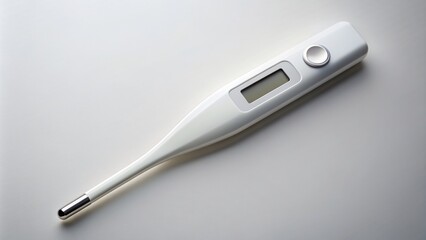 A sleek digital thermometer with a clear LCD display and slender design lies on a plain neutral background, capturing modern health monitoring technology.