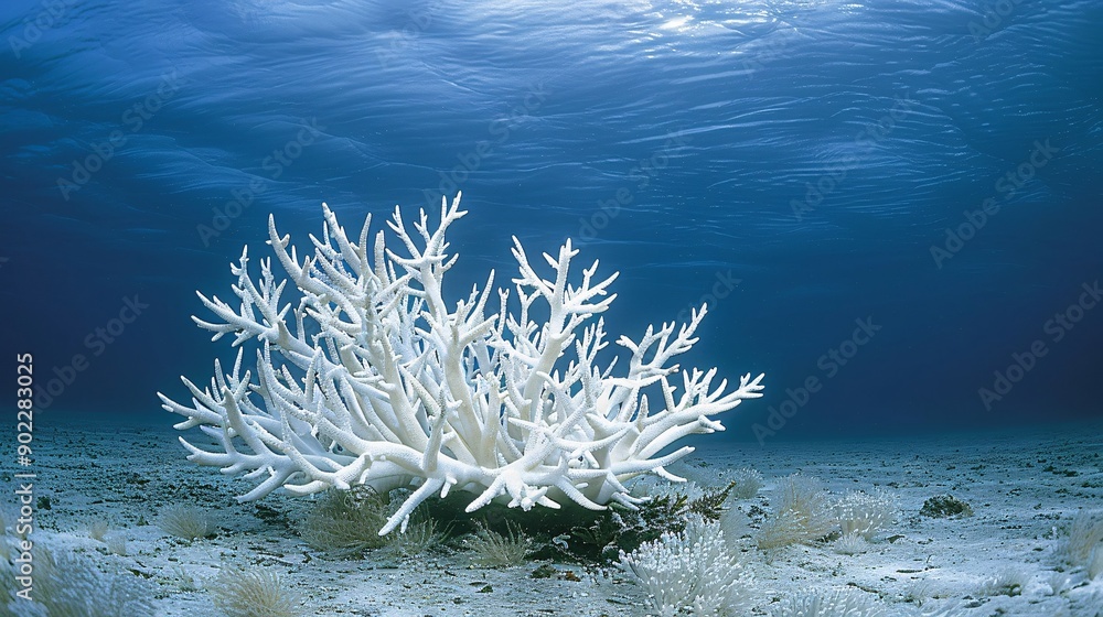 Poster wide-angle shot of a vast area of coral reef affected by bleaching with the stark white corals contr