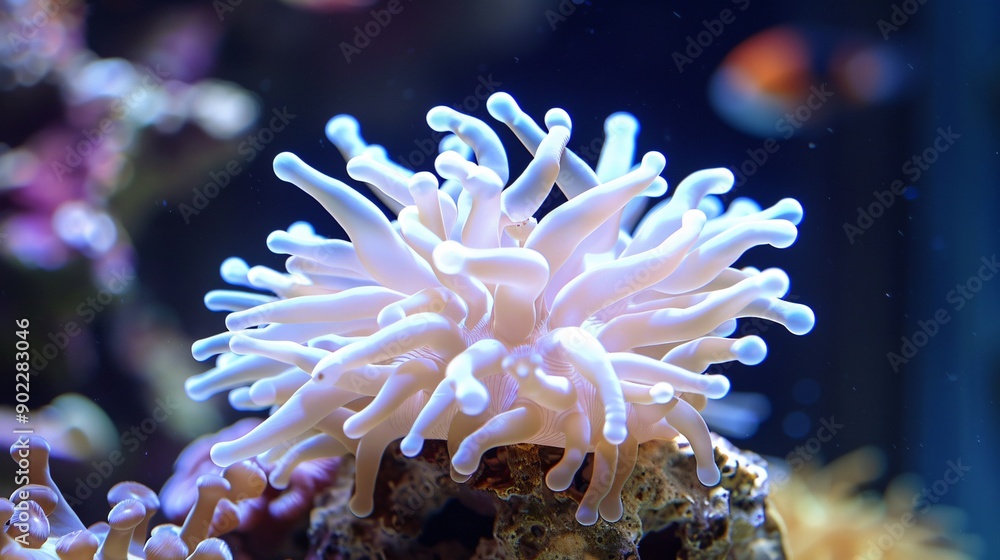 Poster Close-up of a single piece of coral showing signs of bleaching with vibrant fish swimming around and ample empty space on the left side of the image Stock Photo with copy space