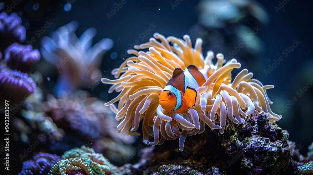 Aufkleber Close-up of a single piece of coral showing signs of bleaching with vibrant fish swimming around and ample empty space on the left side of the image Stock Photo with copy space