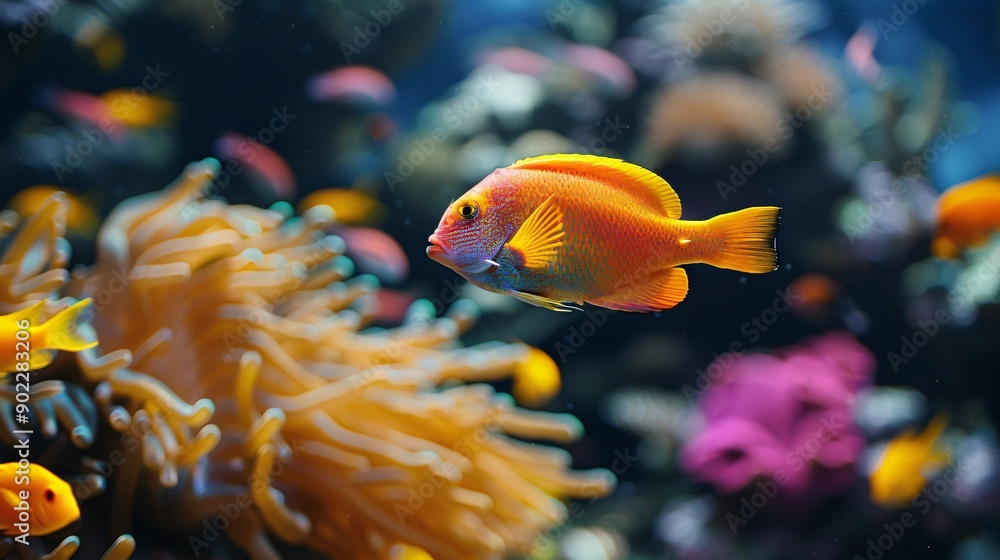 Aufkleber Close-up of a single piece of coral showing signs of bleaching with vibrant fish swimming around and ample empty space on the left side of the image Stock Photo with copy space