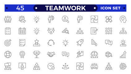Outline icons related to management, administration, supervision, leadership, business, governance. Linear icon collection. Teamwork icon collection.