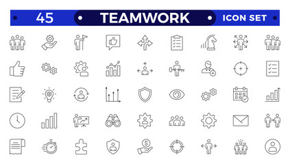 Outline icons related to management, administration, supervision, leadership, business, governance. Linear icon collection. Teamwork icon collection.