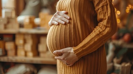 Fototapeta premium Young pregnant woman in a close-up shot, softly touching her belly and focusing on health care