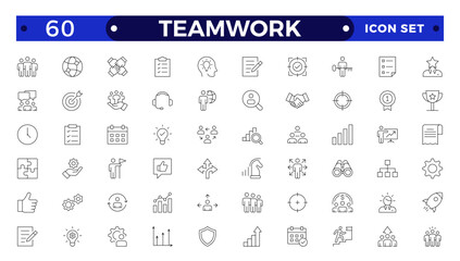 Outline icons related to management, administration, supervision, leadership, business, governance. Linear icon collection. Teamwork icon collection.
