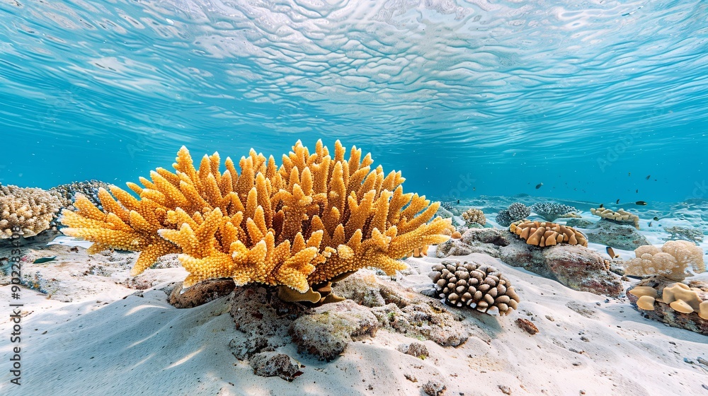 Aufkleber Underwater scene highlighting the devastating impact of coral bleaching on marine ecosystems with the bleached coral centered and ample empty space around the edges Stock Photo with copy space