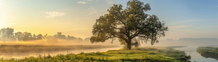 A serene landscape at sunrise, featuring a lone tree by a tranquil river, surrounded by mist and vibrant nature.