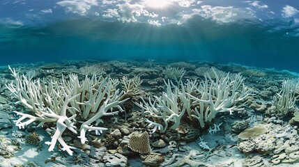 Detailed photograph of bleached coral with small marine creatures around showing the contrast and leaving significant empty space on the right side of the image for design purposes Stock Photo with