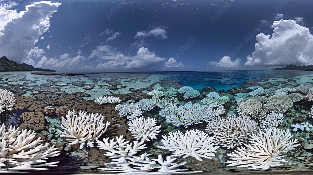 Aufkleber Bleached coral reef with visible fish and marine life suffering from global boiling ensuring ample empty space on the left side of the image Stock Photo with copy space