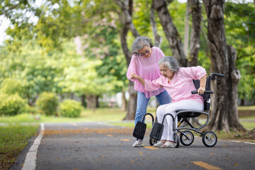 Elderly Woman in a Wheelchair Being Comforted by a Friend in a Park, Demonstrating Compassion, Support, and Friendship on a Bright Day