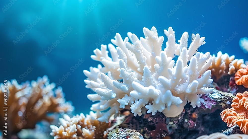 Poster high-detail shot of bleached coral with minimal marine life around leaving ample empty space on the 