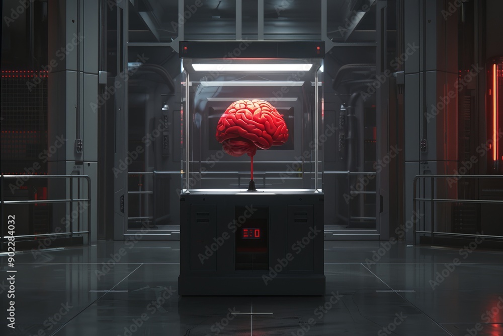 Poster advanced neural brain model in futuristic display with glowing elements