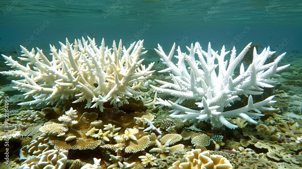 Poster Coral reef experiencing severe bleaching with a contrast of healthy and unhealthy coral ensuring the subject is centered with ample empty space around the edges Stock Photo with copy space