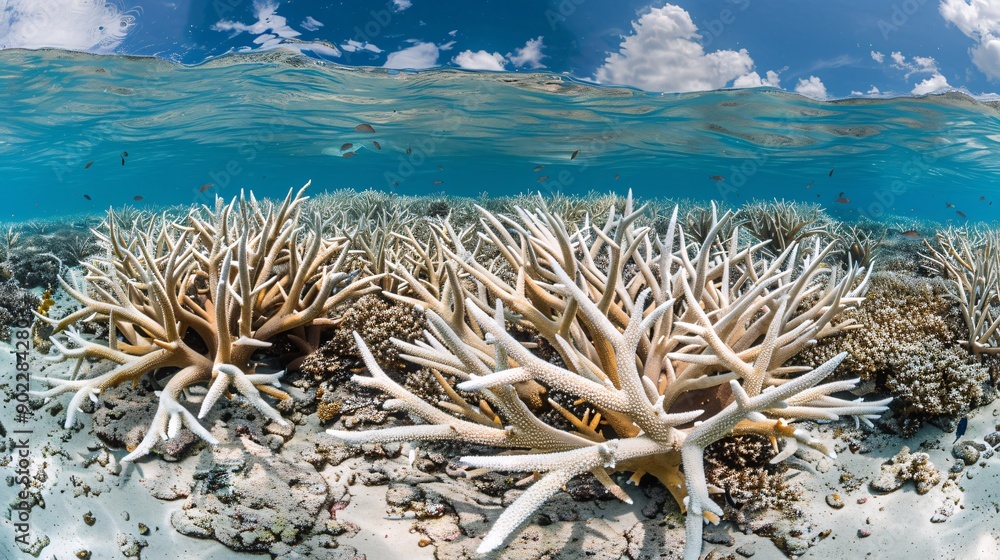 Aufkleber Wide shot of an underwater coral environment heavily affected by bleaching with visible marine life and significant empty space on the right side of the image Stock Photo with copy space